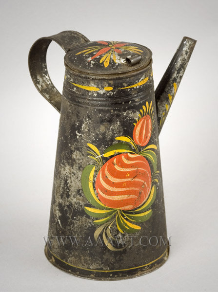 Coffee Pot, American Painted Tin, Tole, Straight Spout, Painted Flowers
Pennsylvania
Circa 1825, entire view